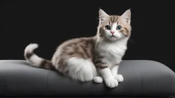 realistic kitty sitting on the couch, black background.