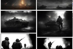 Masterpiece1:5)(Fineart), (award-winning:1.5), highest quality, (ultra realism:1.5) war journalism(,(by Tim Page and Hoorst Faas:1.5))(photorealistic:1.8), (Eastern Ukraine:(panel one:the moment after a battle ends, horrors of war, wounded men),(2nd panel, cinematic shot of men sitting in trench with 1000 yard stare (focus on their eyes:1.5)),(the third panel shows troops tired but hyper alert), (the fourth panel shows the sky is filled with incessant, fire and smoke,)