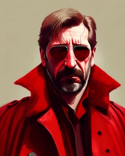 a man who looks like hans gruber wearing a trench coat and red sunglasses staring with a judgmental look on his face