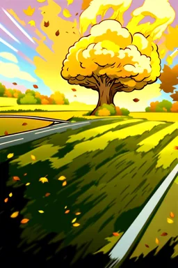top right corner is a nuclear explosion cloud, top of explosion looks like a autumn tree full of leaves, add leaves falling everywhere in foreground, bottom 2/3 is a road through a road, a wind is blowing away from the tree. a commercial building is on the middle left