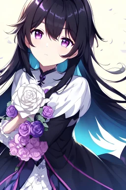 Black hair, purple eyes, female, anime, holding a white rose