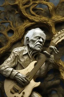 surrealis monochrome A fragmented, surreal sculpture liguid color of photorealistic image 3d,psychedelic art of an old man playing the guitar emerging from dreamlike a crumbling building. The face appears pale with deep cracks and intricate details, evoking a haunting expression. Blackened tree branches intertwine with the gold mengkilat cracks, set against a backdrop of stormy, cloud-filled skies. bauhaus art The overall tone is dark and moody, suggesting themes of decay and transformation.