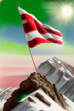 a hungarian flag (red-white-green) on the summit of mount everest by Jean Baptiste Monge in sunshine