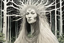 create an abstract expressionist lithographic print of a ghostly tribal druid priestess, with highly detailed, delicate feminine facial features, inhabiting an ethereal Northern forest of ancient hemlocks, in the comic book style of Jean Giraud Moebius, David Hoskins, and Enki Bilal, precisely drawn, sharply defined, boldly inked, in the pale colors of the midnight moon