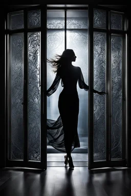 front of is the glass door, a dark silhouette of a dancing woman behind the glass door , front of it is the glass door, high quality, highly detailed, stunning, high realistic picture, impressive, sharp focus, perfect body, perfect shot, professional photo