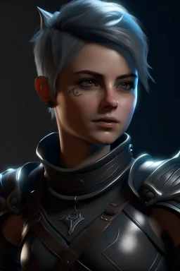 create a young female air genasi from dungeons and dragons, dark gray short hair, undercut, light blue eyes, wind like hair, wearing hot leather clothing that also looks studded, realistic, digital art, high resolution, strong lighting