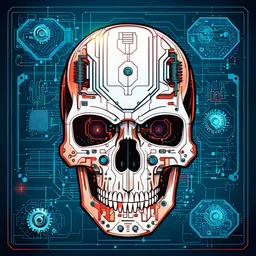 FLAT VECTOR LAYERED IMAGE OF CYBERNETIC SKULL PARTS IN A SCHEMATIC