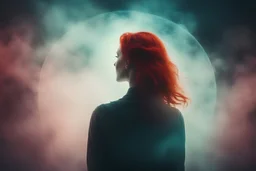 redhead woman silluate, view of her back, she's looking straight into space mystic, colorful fog unknown. she's happy. looking into a circle. sci fi feel