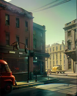 Scene, realistic image, Edward Hopper style, retro futuristic, concept art, smooth, unreal engine 5, god lights, ray tracing, RTX, lumen lighting, ultra detail, volumetric lighting, 3d.