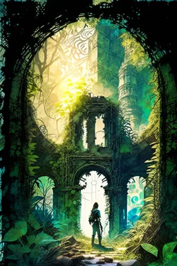 A captivating fantasy world with towering ancient ruins, covered in lush vegetation and overgrown vines, as nature reclaims what was once man-made, sunlight peeking through the cracks, creating a magical glow, an adventurer stands at the entrance, peering into the mysterious depths, eager to uncover the secrets within, Artwork, mixed media collage with a combination of hand-drawn elements and digital manipulation, --ar 16:9 --v 5