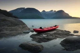 highly detailed glacial lake landscape, sunset, cinematic lighting, 4k, 8k, octane render, trending on 500px, pinterest, extremely detailed, ambient lighting, single frame, tiny kayak on rock pebble beach in foreground, norway