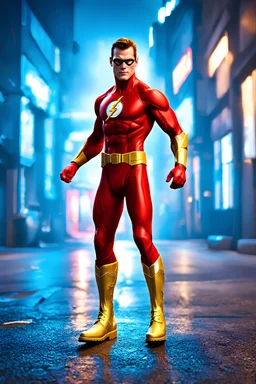 the Flash with gold boots, Professional Quality 35mm Photograph, 4k UHD, hyper-realistic, Photorealistic, extremely detailed, High resolution