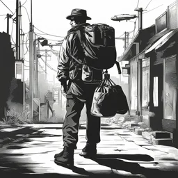 man with duffle bag, comic book, icon, silhouette, black, post -apocalyspe, avatar