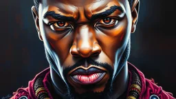 Detailed portrait of Michael B. Jordan as Killmonger from Black Panther, realistic oil painting style, intense gaze, vibrant colors, intricate details on clothing and accessories, by Kadir Nelson and Brian Stelfreeze