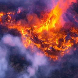 Fantasia, vista de cima de um Reino magico pegando fogo