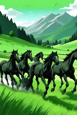 Draw a picture of a group of black horses running through green mountains