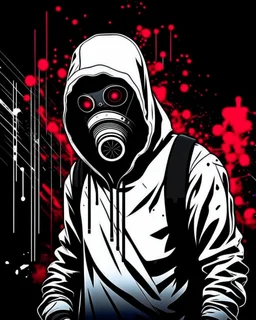 Banksy style. Vibrant and dynamic masterpiece of a hooded and gas masked killer Cyborg, his eyes are intense. Red, white and black colors, full body