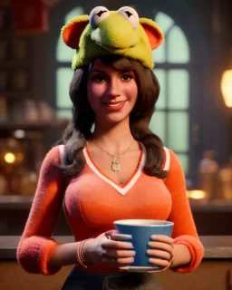 waitress British woman with muppet mask that covers her entire head, green, retro style, Sesame Street style, smooth, unreal engine 5, god lights, ray tracing, RTX, lumen lighting, ultra detail, volumetric lighting, 3d.