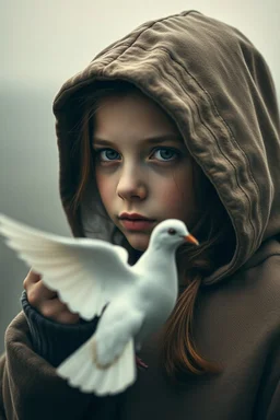 Extremely realistic photo of a hooded girl, holding a white dove to let fly ,fog, general foul weather, (Rembrandt Lighting), zeiss lens, ultra realistic, (high detailed skin:1.2), 8k uhd, dslr, Dramatic Rim light, high quality, Fujifilm XT3, artwork in pale distressed tones , minimalistic approach, blends old world aesthetics art with elements of distressed painting and illustration, shadow play, high conceptuality, palette inspired by Charlene Mc Nally, Carne Grif