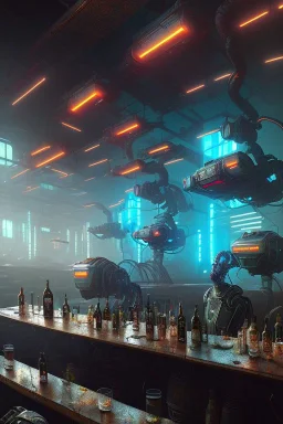 post-apocalyptic robots in a cyberpunk bar, digital art style. fantasy, volumetric lighting, particales,highly detailed, wide shot, cinamatic, Zack Snyder stlye, deep colours,