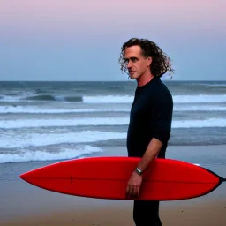 Jordan Peterson with long curly hair on the beach with a surfboard