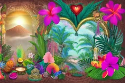  Tropical flowers, heart drawing, crystals, tropical leaves, sacred altar, Fantasy temple, Surreal landscape.