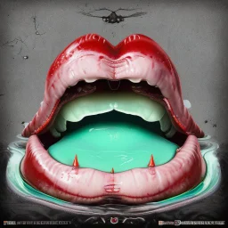 Surreal digital illustration of only a floating mouth that is puking out a psychedelic lovesick hearts covered in spit, spilling from the large pair of cartoonist , Camilla d'ericaoverexaggerated lips, manga inspired, absurdist, postmodern, only black and grey color palette, crude, fluid acrylic paint, epoxy resin , acrylic pour, unusual colors, trippy, gross, abstract, pulp fiction art style illustration, behance, grotesque, lovesick,