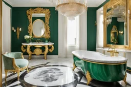 Malachite bathroom with a white marble bathtub on gold baroque legs, a marble sink with a gold vase faucet, and a gold-framed oval mirror with a gold towel holder, in an eccentric, luxurious style, high fetailed, cinematic