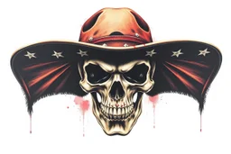 front facing skull (angry, wearing a wide confederate hat), airbrush on white background'