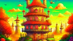 Fantasy style digital art: beautiful fairy tower in a middle of a small cute village, with many small houses