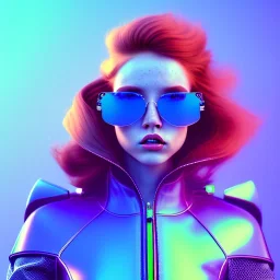 redhead woman teenager, freckles, rider sunglasses, padded coat, retro futuristic, latex dress, gradient color, BLUE, PINK, CYAN, neon, insanely detailed, 16k resolution, perfect eyes, cinematic smooth, intricate detail