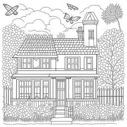 GARDEN HOUSE, "Garden House Seasons: Experience the beauty of every season, full view, realistic, coloring page, only draw lines, coloring book, clean line art, wildlife-inspired, kid style, –no sketch, color, –ar 3:4, white background, minimalistic black lines, 8k, minimal black color, low level black colors, coloring page, use pure black and white colors, avoid thick black colors, thin black line art, avoid colors, perfect shape, perfect clear lines, clear edges,