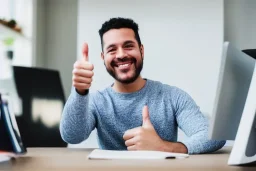 photo of smiling person sitting at computer giving thumbs up