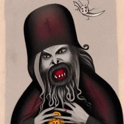 Vampire with yellow eyes with fleshy tentacle beard grey skin and vampire fangs and vampire bat nose as a Russian Orthodox