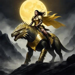 In the dim light of a dying moon, the warrior queen rode her mighty beast through the treacherous terrain of the forgotten lands. Her golden armor, polished by countless battles, gleamed in contrast to the dark, swirling mists that surrounded her. With each step, the ground trembled under the weight of her colossal lizard companion, its scales shimmering like precious gems. The creature's eyes, glowing with a primal intelligence, scanned the horizon for threats. They were close now—close to the