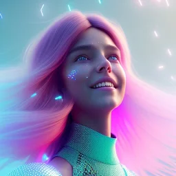 A portrait of a crystalised girl,smiling, longs hairs, atmospheric, realistic,, cinematic lighting, octane render,, pink turquoise light