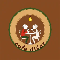 A circular logo for a cafe called (cofe didar) with a distinctive green border, in the center of which are two people with heads shaped like coffee cups sitting at a table for two, drinking coffee, and a light above their heads.