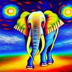 Dibujo al oleo de un elefante indio pintado con muchas nubes de colores estilo Vincent van Gogh