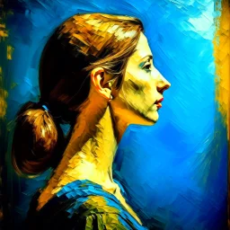 Side profile of a beautiful young woman side view with her aspirations behind her. Opulent Van Gohn style painting