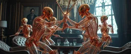 Lotsa transparent copper goths pushing each other with sticks in dramatic scene in luxury parlour in the style of Giger and Escher