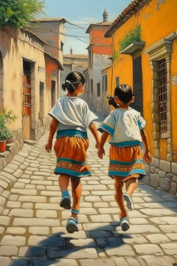 2 maxican childeren running traditional clothes painting neoclassism in a traditional mexican city from the back