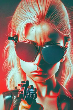 Photo of a beautiful blonde female Terminator, with dark sun glasses, bright red eye, holding a gun upwards, up close, Hollywood movie poster vibes, night time, high contrast dark moody lighting.