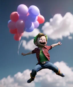 Ultra realistic clouds sky scene, wide angle, medium shot view, portrait, sweet Child, free jumping flying, trinkets, hair monster, jelly beans, balls, smile, happy, Peter Pan style, inflatable color clothing, extreme, wind, clouds sea, 20,000 feet altitude, stratosphere, soft color, highly detailed, unreal engine 5, ray tracing, RTX, lumen lighting, ultra detail, volumetric lighting, 3d, finely drawn, high definition, high resolution.