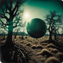 Close-up polaroid of a creepy surreal landscape, monsters, eerie, Max Ernst style, very surreal, trees, spooky, metaphysical objects, giant sun, intricate, thoughtful, appalling, deep 3d field, 8k, hypermaximalist