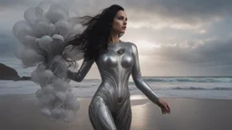 Wide-angle shot of a woman, standing to one side on a beach with huge waves, with dark hair in a silver robotic catsuit, many large jellyfish shaped like mushrooms with tentacles floating in the air, masterpiece, best quality, super detailed