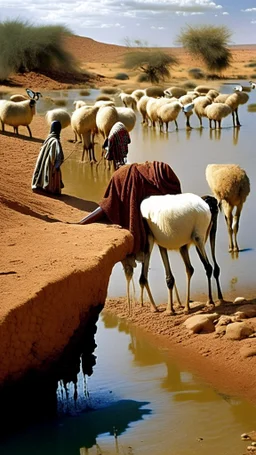 Africa, farming, sheep drinking from river and desert, farmers