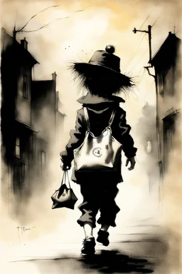 The nightmare small child wearing a hat having a bag pack walks in the streets, illustration by Stephen Gammell