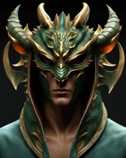 Dragon man with dragon mask over his eyes and forehead, Realistic cool art, 12k, 3d, realistic, full head, full body