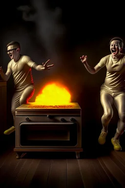 2 people running away in fear as there oven grows legs