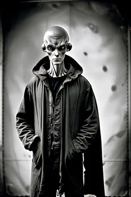 1805's black and white vintage photo, interior, working ((alien))::10 factory steampunk warehouse, unhappy and angry,stange long grey alien (human hybrid) creature with a family that is super sad and are scary, disturbing anxiety, captured on square format film, grainy brown, aged, young men, depressed, tired, in their flight jacket and holocaust era